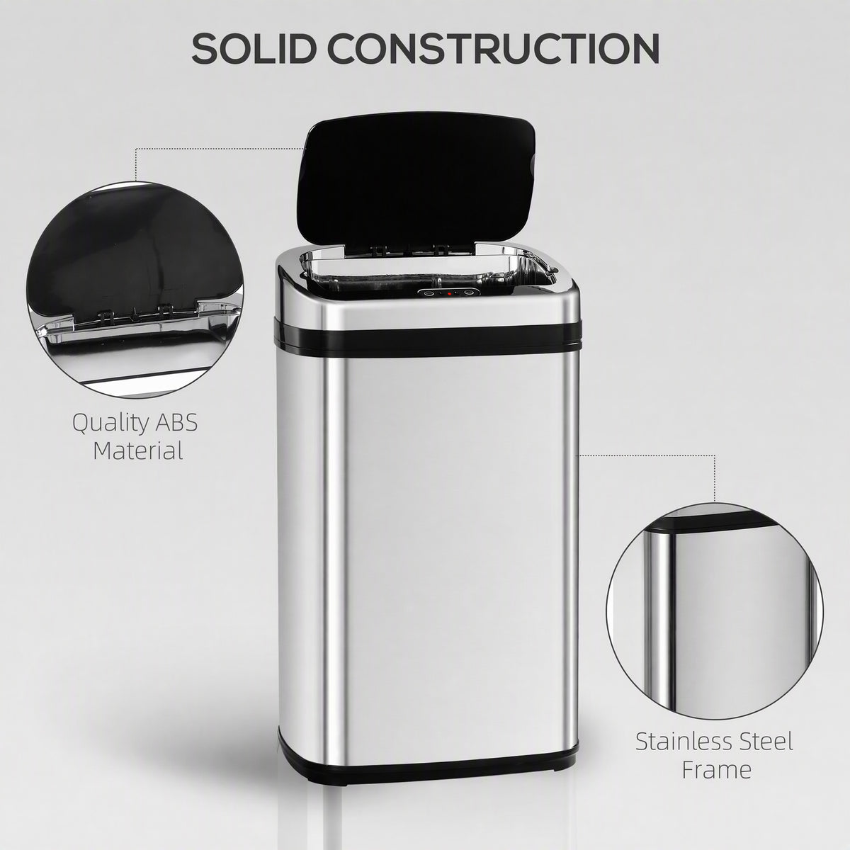 Stainless steel bin with lid raised, showing the inner rim and black lid underside
