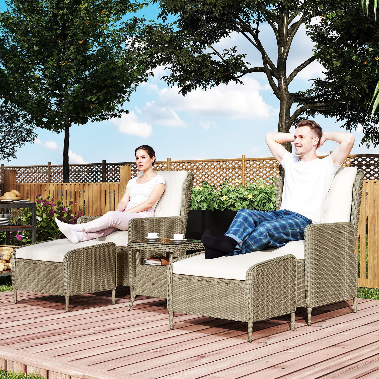 Outsunny Five-Piece Reclining Rattan Chair Set - Light Grey
