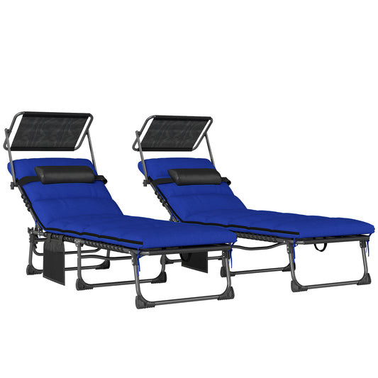 Photo of Outsunny Folding Sun Loungers Set of 2 with Canopy, Reclining Sunbed with Cushion, Side Pocket, Carrying Handle, Dark Blue in Blue colour on a white background