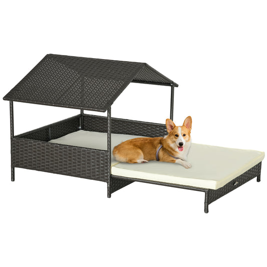 Photo of PawHut Extendable Elevated Dog Bed, Rattan Dog House, with Water-Resistant Roof, Removable Cushion, Cream in Cream colour on a white background