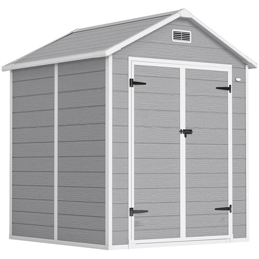 Photo of Outsunny 6 x 5ft Garden Shed, Plastic Shed with Floor, Window, Lockable Doors and Vents, Wood Effect Resin Tool Shed for Outdoor Patio, Dark Grey in Grey colour on a white background