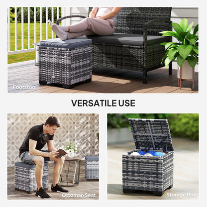 Rattan storage ottoman shown as a footstool, seat, and open storage box