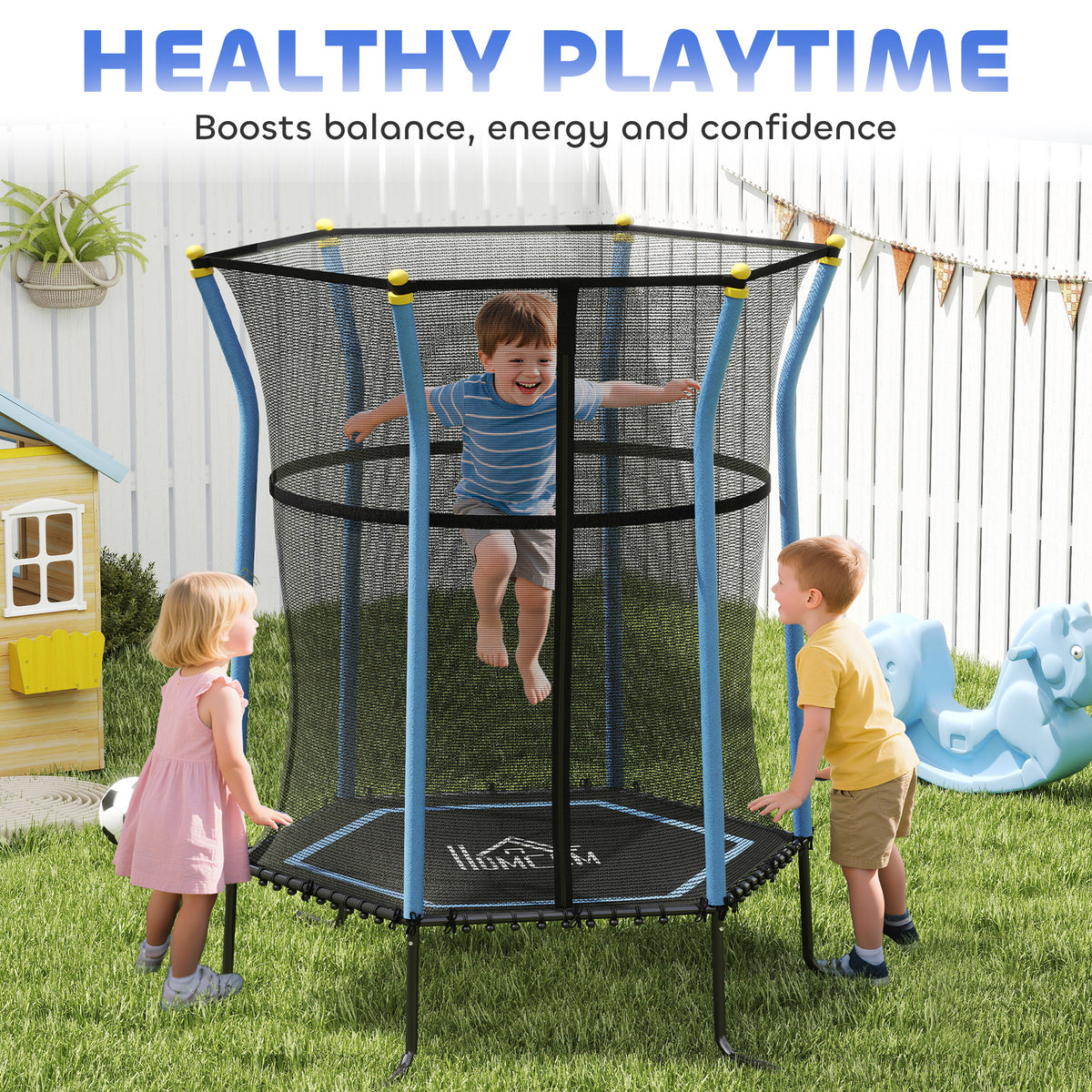HOMCOM kids trampoline with black safety net and blue padded poles, shown in use