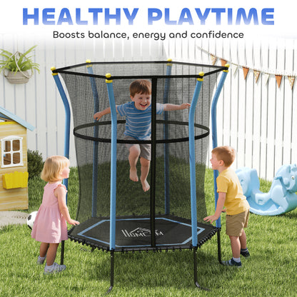 HOMCOM kids trampoline with black safety net and blue padded poles, shown in use