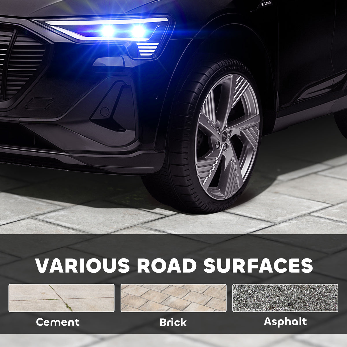 Black Audi e-tron ride-on car wheel and headlight, with cement, brick, and asphalt surface examples.