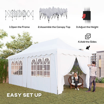White pop-up gazebo with windowed sides and open entrance, shown with setup steps