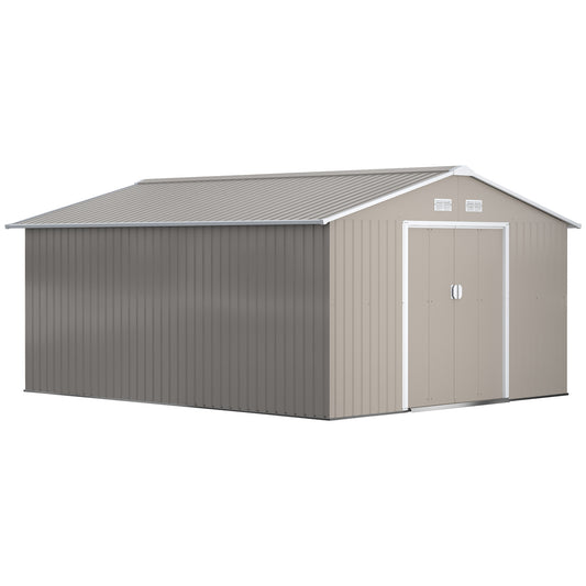 Photo of Outsunny 13 x 11ft Large Garden Shed, Mental Garden Storage Shed with Foundation Kit Ventilation & Doors, Light Grey in Grey colour on a white background