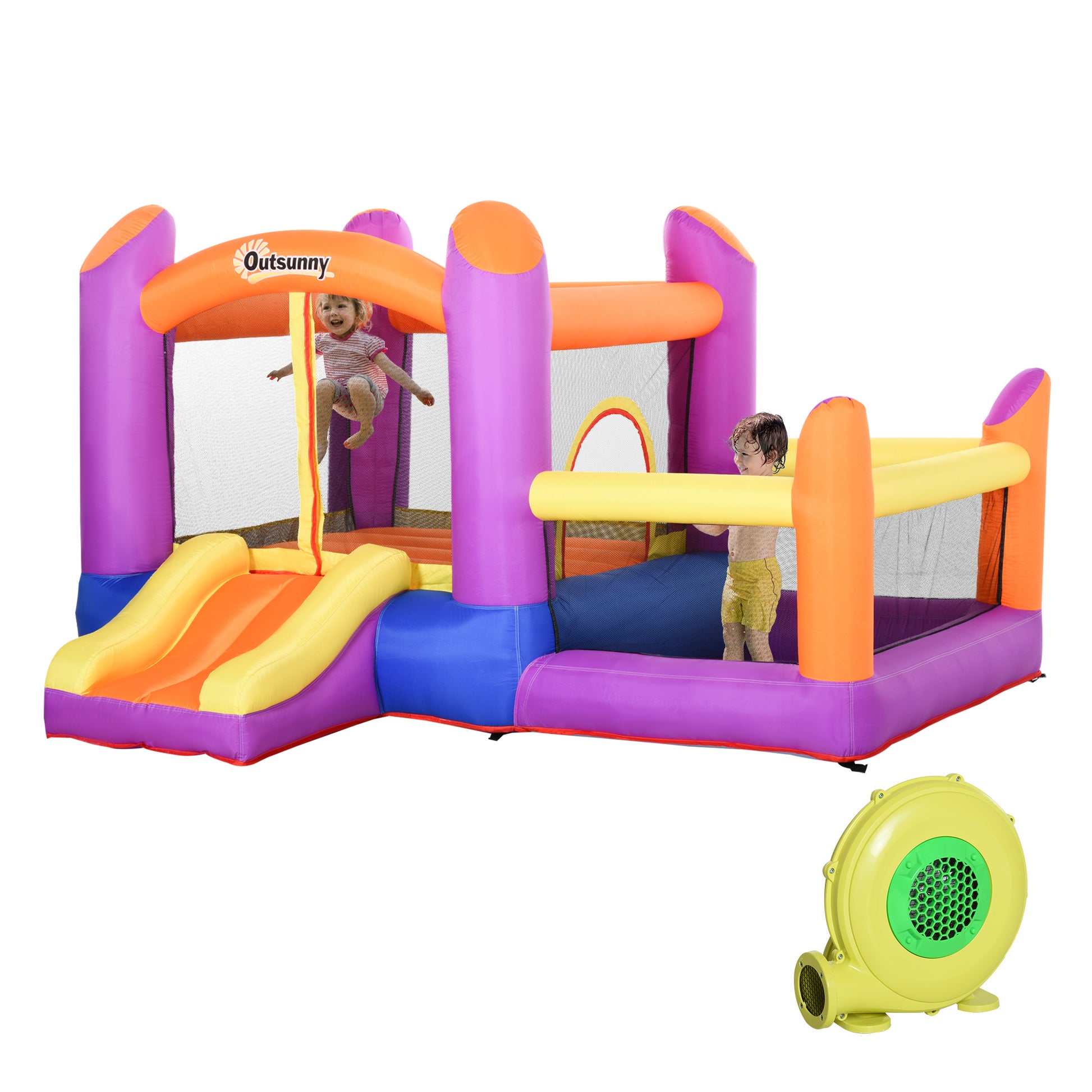 Photo of Outsunny Kids Bouncy Castle House Inflatable Trampoline Slide Water Pool 3 in 1 with Blower Indoor Outdoor for Kids Age 3-8 Multi-Colour 2.8 x 2.5 x 1.7m in 1.7m colour on a white background