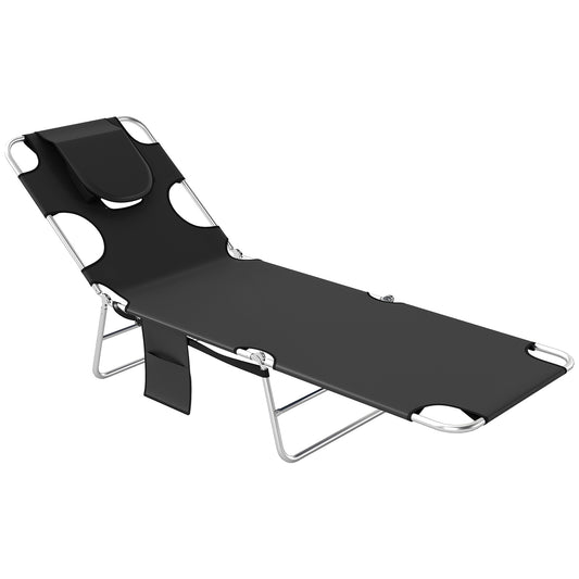 Photo of Outsunny Foldable Sun Lounger, Beach Chaise Lounge with Reading Hole, Arm Slots, 5-Position Adjustable Backrest, Side Pocket, Pillow for Garden, Beach, Camping, Black in Black colour on a white background