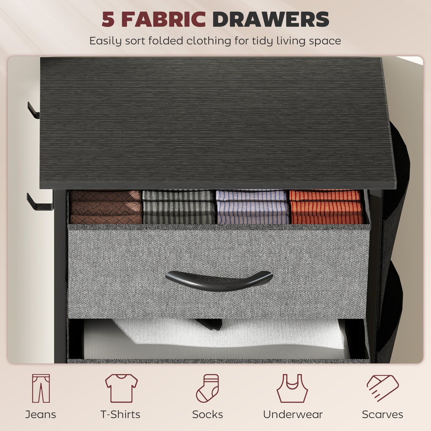 HOMCOM Chest of Five Fabric Drawers - Charcoal Grey