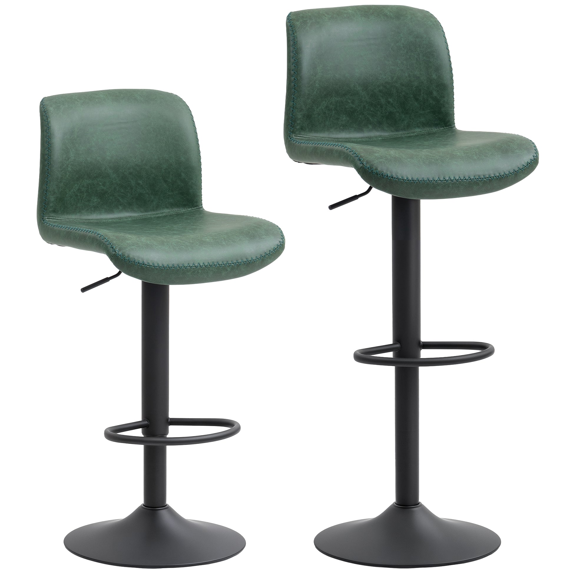 Photo of HOMCOM Bar Stools Set of 2, PU Leather Barstools with Backrest and Footrest for Kitchen, Counter, Breakfast Bar, Green in Green colour on a white background