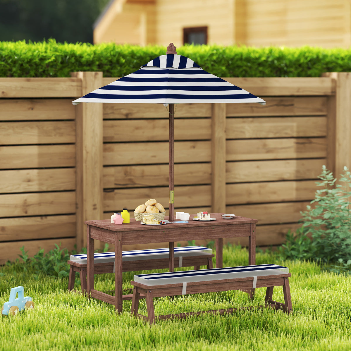 AIYAPLAY Outdoor Wooden Kids Picnic Table & Bench Set with Cushions and Umbrella, for Patio, Garden, Navy Blue