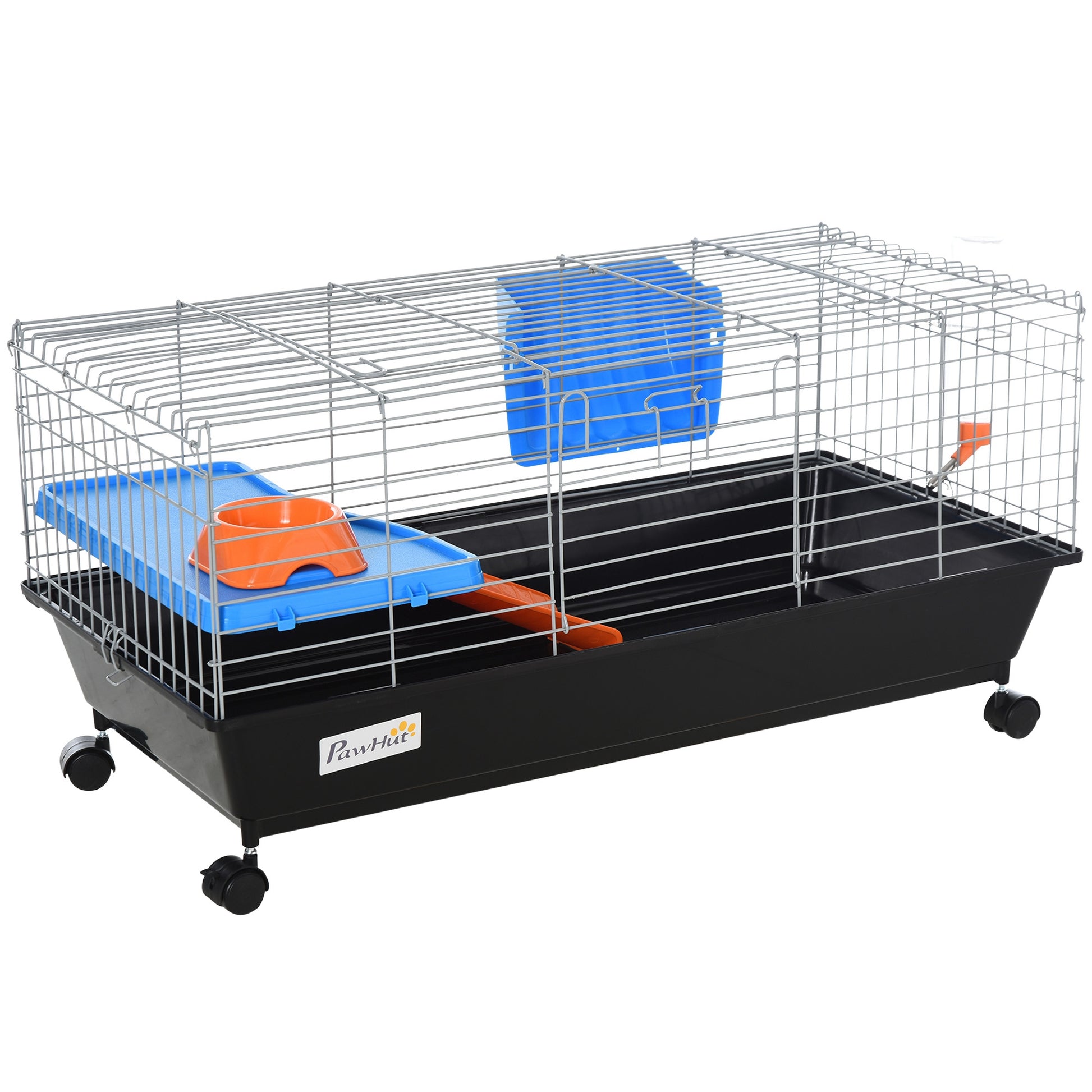 Photo of PawHut Small Animal Cage Rabbit Guinea Pigs Chinchillas Cage w/ Wheels Water Bottle Food Dish Platform Ramp 89 x 44 x 43 cm Black in Black colour on a white background