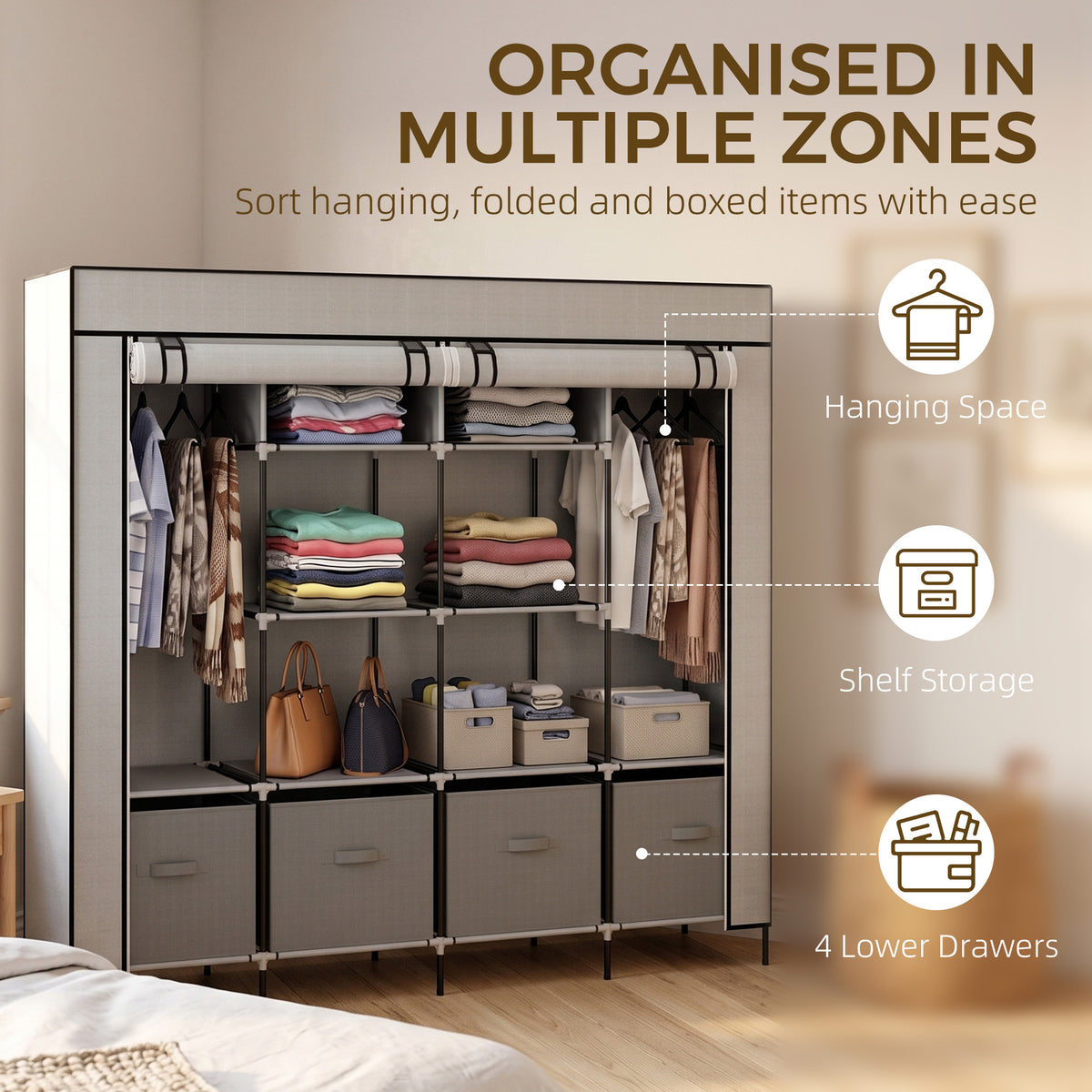 Fabric wardrobe with hanging clothes, folded items, shelves, and four lower drawers