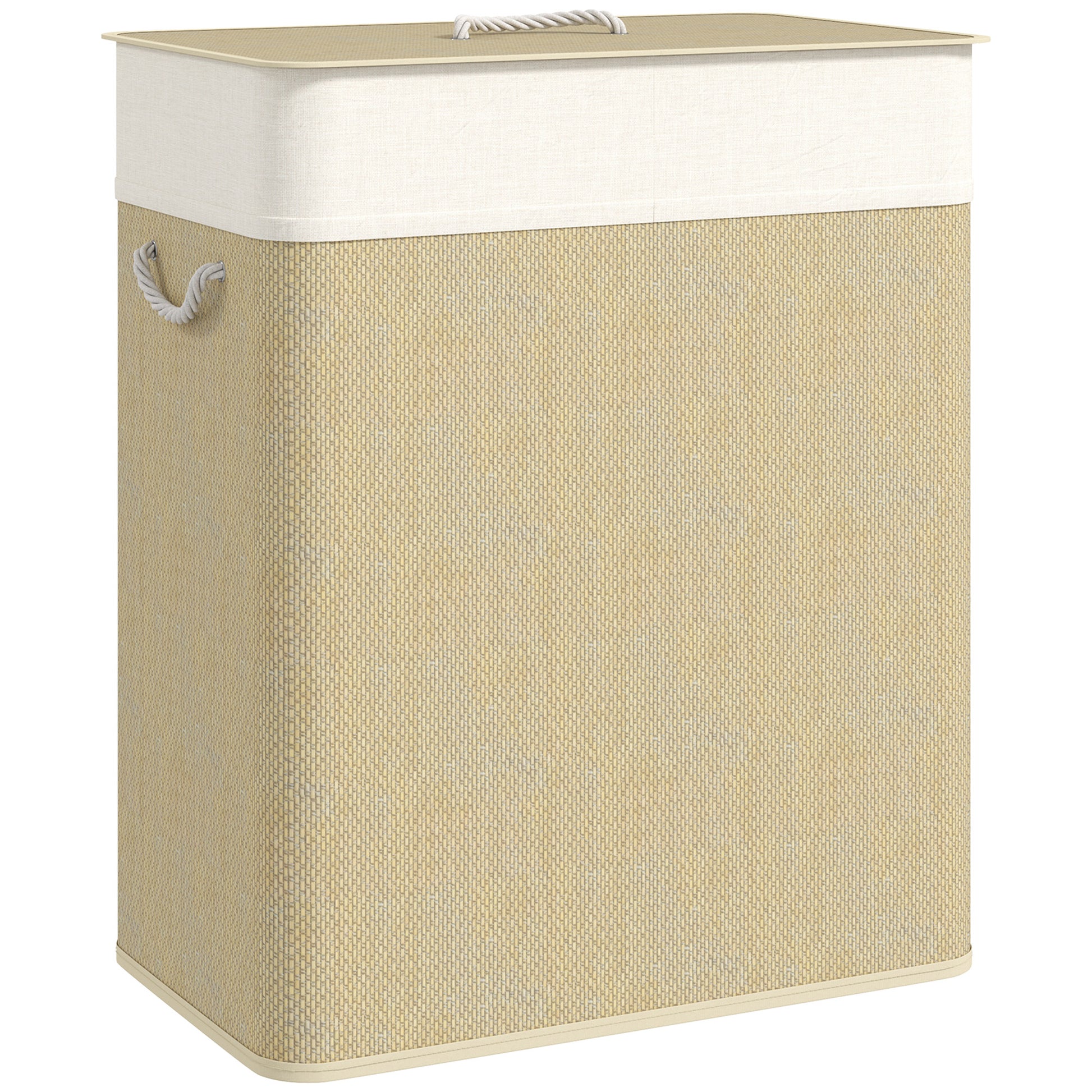 Photo of HOMCOM 2 Section Laundry Basket with Lid, 100L Bamboo Laundry Hamper with Handles, Removable and Washable Liner, Cream White in White colour on a white background