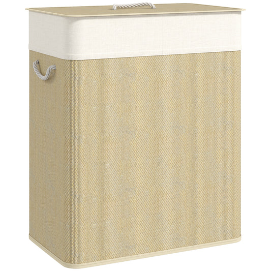 Photo of HOMCOM 2 Section Laundry Basket with Lid, 100L Bamboo Laundry Hamper with Handles, Removable and Washable Liner, Cream White in White colour on a white background