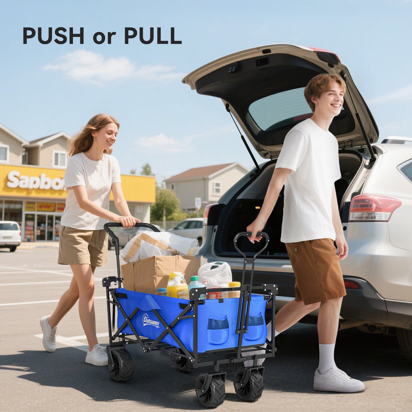 Outsunny 180L Festival Trolley on Wheels, Push & Pull Beach Cart with Removable Canopy, Wide All-Terrain Wheels, Folding Camping Trolley Cart, Adjustable Handle for Garden Fishing Shopping, Blue