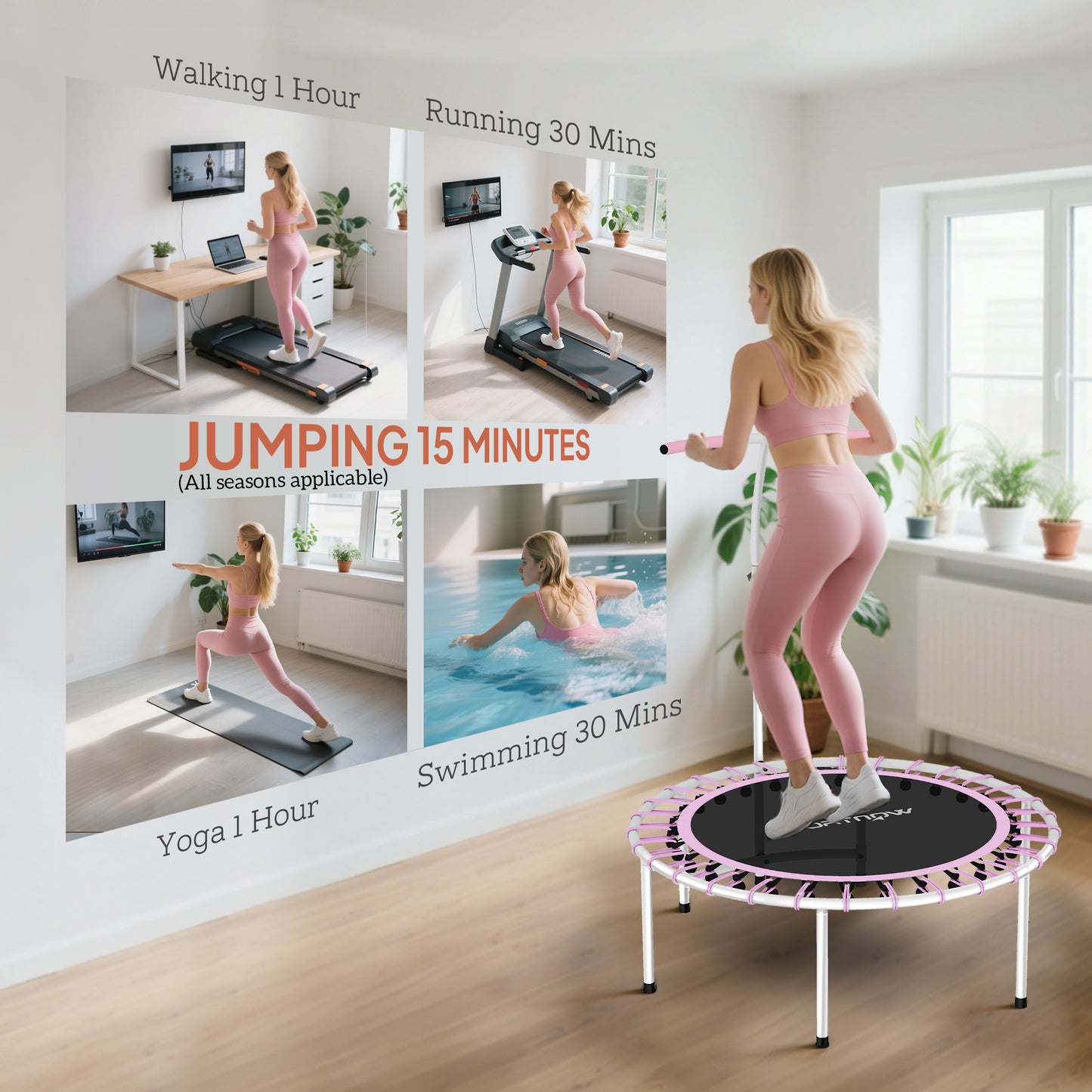 SPORTNOW 40" Fitness Trampoline, Mini Rebounder Trampoline for Adults with 5-Level Adjustable Handle, Indoor Exercise Bungee Rebounder, Max Load 100KG, Purple