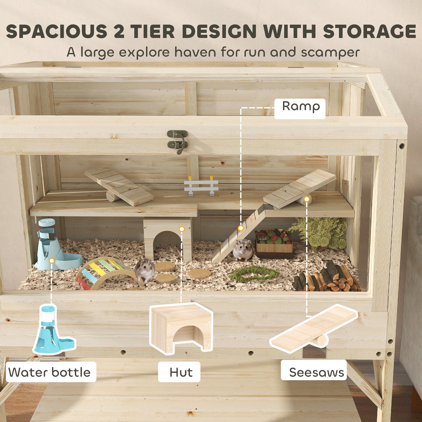 PawHut 2 Tier Wooden Hamster Cage with Shelf and Openable Top