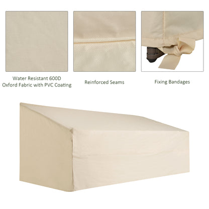 Beige outdoor sofa cover with reinforced seams and tie-down straps