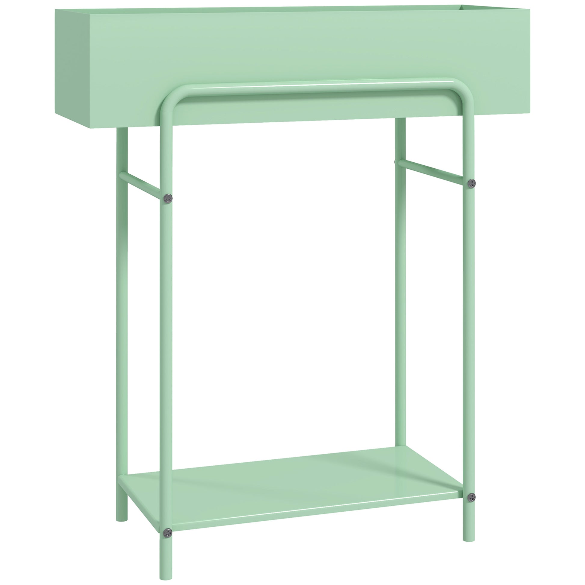 Photo of Outsunny 2 Tier Plant Stand, Metal Plant Rack Shelf with Drain Holes, Floor-standing Flower Pot Stand for Indoor Outdoor Garden Patio Balcony Living Room, Green in Green colour on a white background