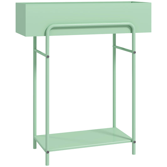 Photo of Outsunny 2 Tier Plant Stand, Metal Plant Rack Shelf with Drain Holes, Floor-standing Flower Pot Stand for Indoor Outdoor Garden Patio Balcony Living Room, Green in Green colour on a white background