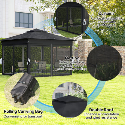 Black gazebo with mesh netting, curtains, double roof, and rolling carry bag
