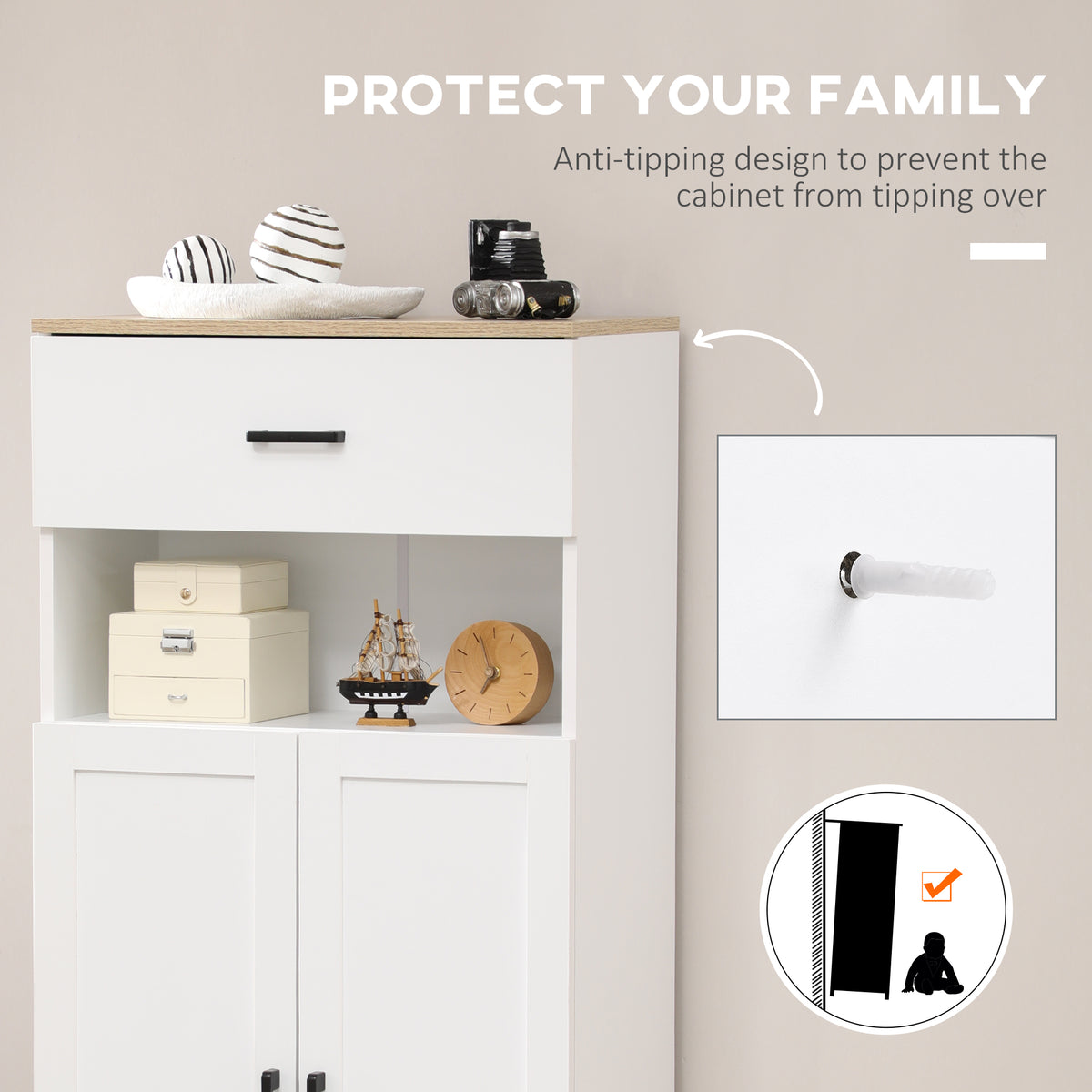White storage cabinet with wood-look top, drawer, open shelf and two doors