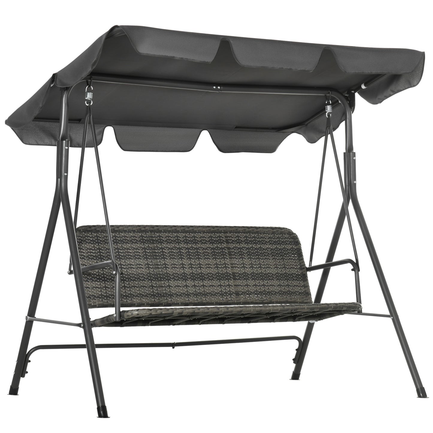 Photo of Outsunny 3-Seater Outdoor PE Rattan Swing Chair, Patio Wicker Hanging Swing Bench with Steel Frame Stand & Adjustable Canopy, Grey in Grey colour on a white background
