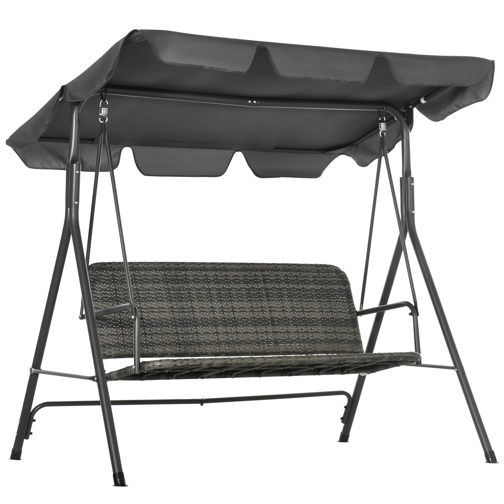 Photo of Outsunny 3-Seater Outdoor PE Rattan Swing Chair, Patio Wicker Hanging Swing Bench with Steel Frame Stand & Adjustable Canopy, Grey in Grey colour on a white background