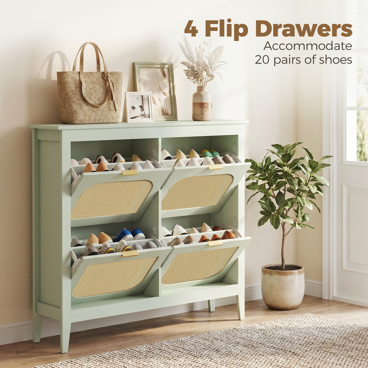 HOMCOM Narrow Shoe Cabinet, Boho Slim Shoe Storage Cabinet with 4 Flip Drawers, Holds 20 Pairs, Light Green