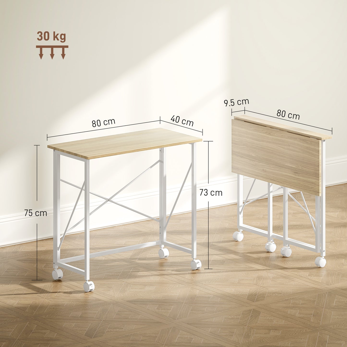 HOMCOM 80 cm Folding Desk on Wheels - Natural Tone