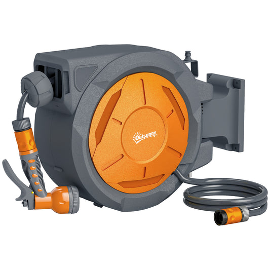 Photo of Outsunny Retractable Hose Reel Wall Mounted, 30+2m Garden Hose Pipe Reel with Lock, Auto Rewind, 7 in 1 Spray Nozzle, Includes Wall Fixings, 180° Swivel, Outdoor Watering, 59 x 23 x 42 cm, Orange in Orange colour on a white background