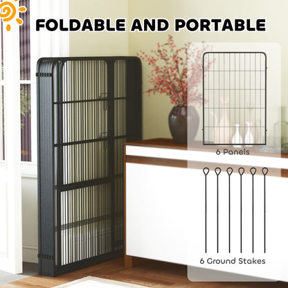 Folded black six-panel dog playpen with six ground stakes