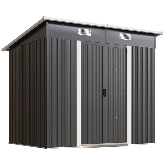 Photo of Outsunny 7 x 4ft Outdoor Storage Shed with Foundation Kit, Lean to Metal Garden Shed for Log, Rubbish Bin, Tool, Bike, Black in Black colour on a white background