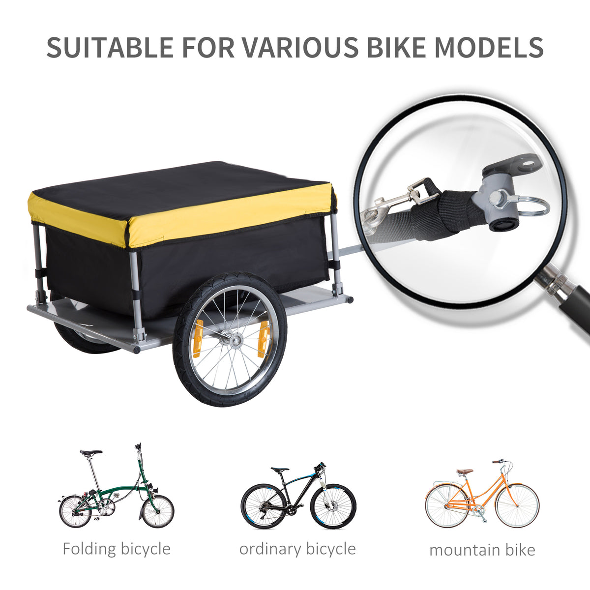 Covered bicycle cargo trailer with yellow trim and two wheels, shown with a bike hitch and compatible bicycles