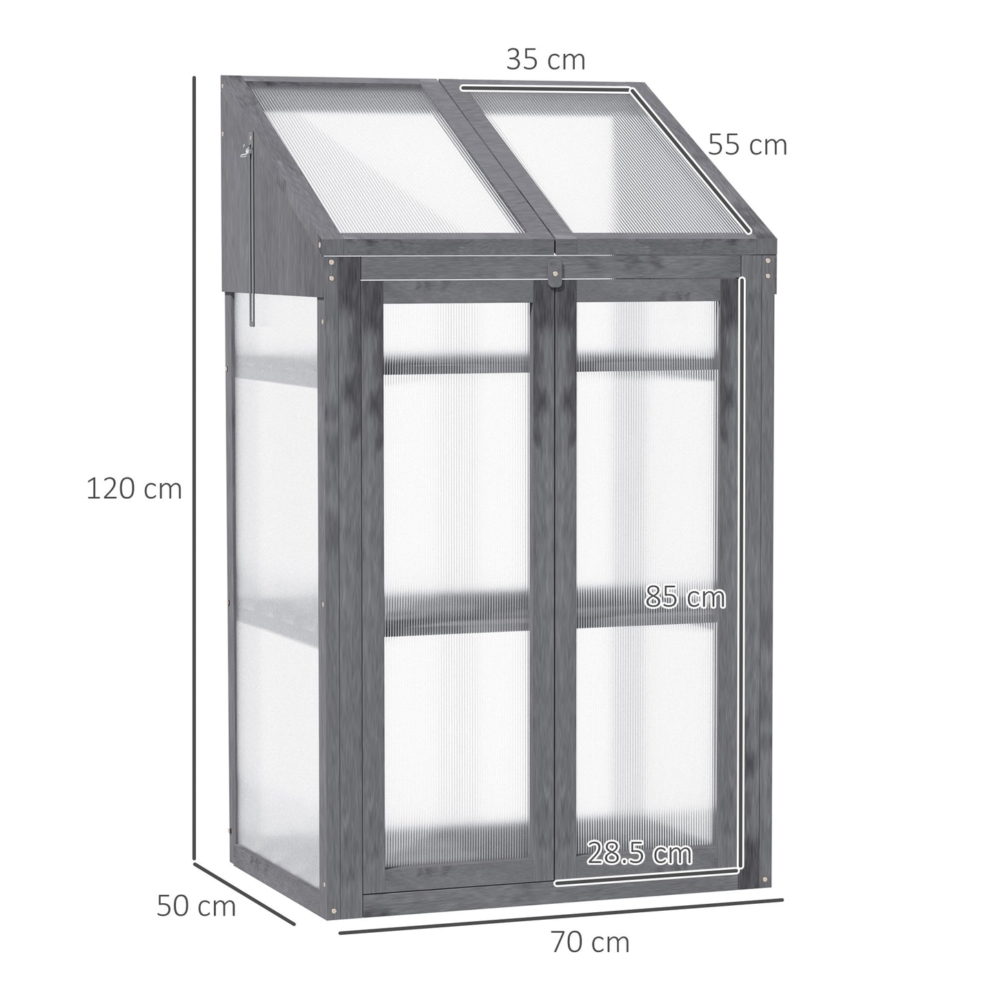 Outsunny Wooden Cold Frame Polycarbonate Greenhouse with Openable Top Cover and Double Door, Grow House for Flower, Vegetable and Plants, 70 x 50 x 120cm, Grey