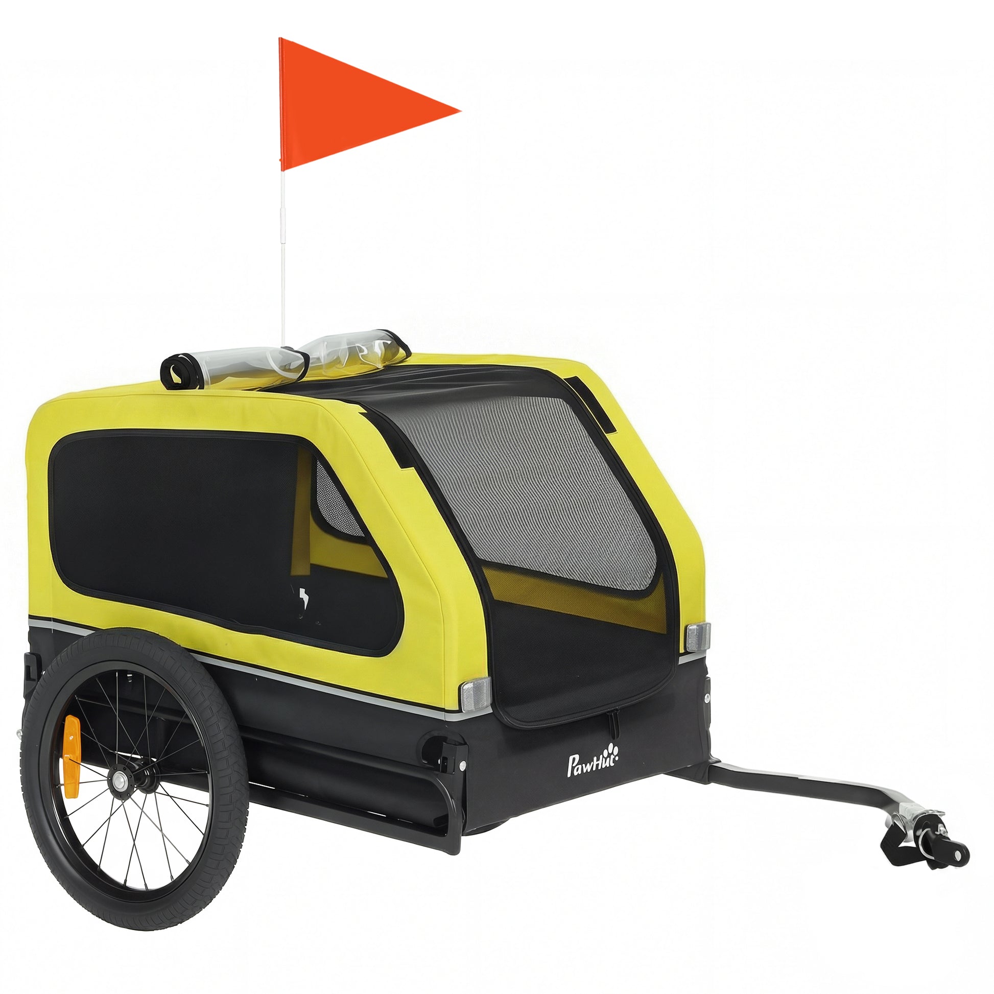 Photo of PawHut Dog Bike Trailer with Flip-Down Ramp Tailgate, Quick Release Frame, Universal Bicycle Coupler, Reflectors, Yellow in Yellow colour on a white background