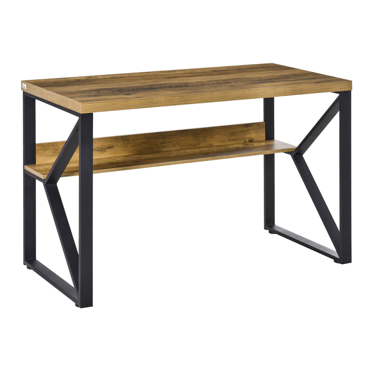 Brown wood-effect desk with a black geometric frame and full-width lower shelf