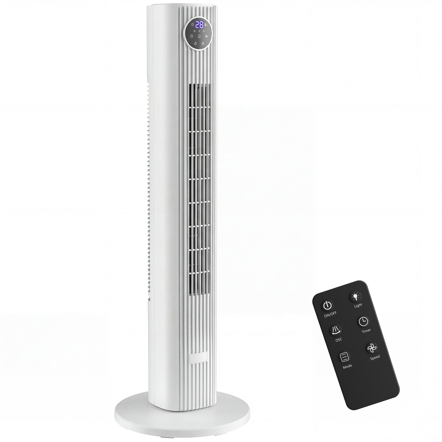 Photo of HOMCOM 28dB Tower Fan for Bedroom, 36 inch, 8 m/s Velocity Standing Cooling Fan with 80° Oscillating, BLDC Motor, 12 Speeds, LED Display, 4 Modes, 12H Timer, Remote Control, White in White colour on a white background
