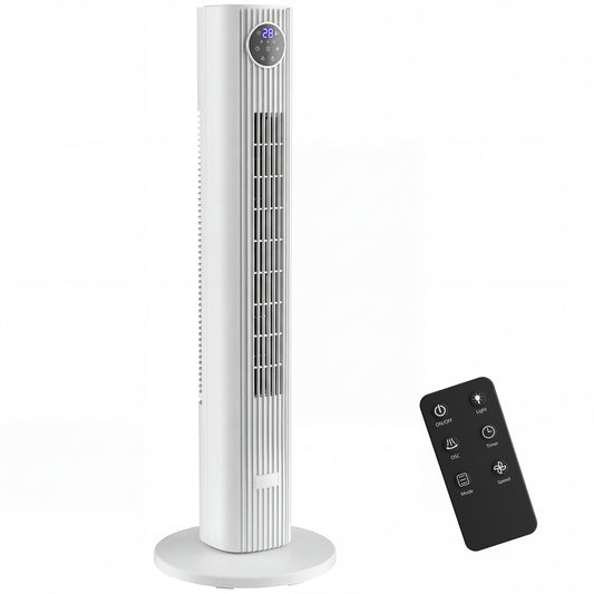 Photo of HOMCOM 28dB Tower Fan for Bedroom, 36 inch, 8 m/s Velocity Standing Cooling Fan with 80° Oscillating, BLDC Motor, 12 Speeds, LED Display, 4 Modes, 12H Timer, Remote Control, White in White colour on a white background