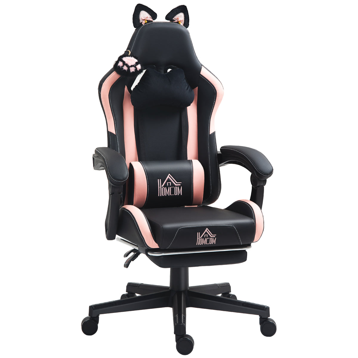Photo of HOMCOM Cat Ear and Paw Reclining Office Chair, with Footrest - Black/Pink in Black/Pink colour on a white background