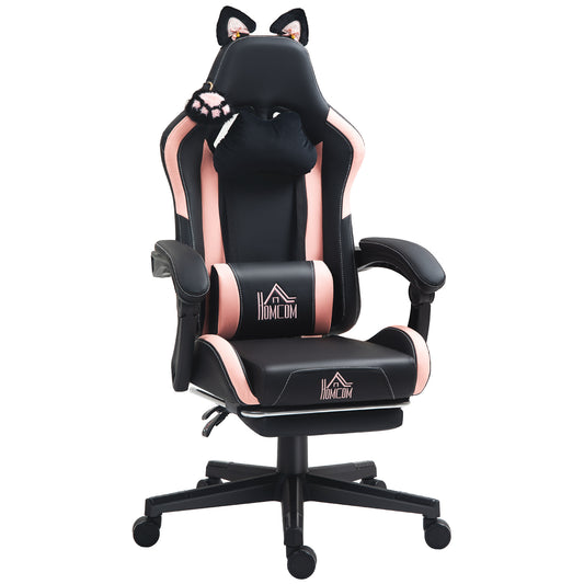 Photo of HOMCOM Cat Ear and Paw Reclining Office Chair, with Footrest - Black/Pink in Black/Pink colour on a white background