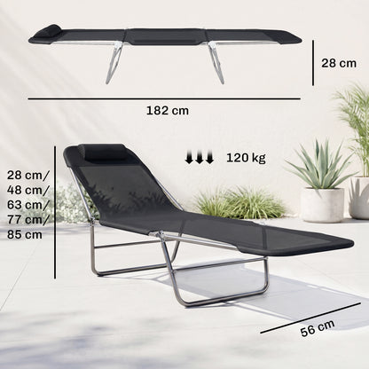 Black folding sun lounger with headrest, adjustable backrest, and steel frame