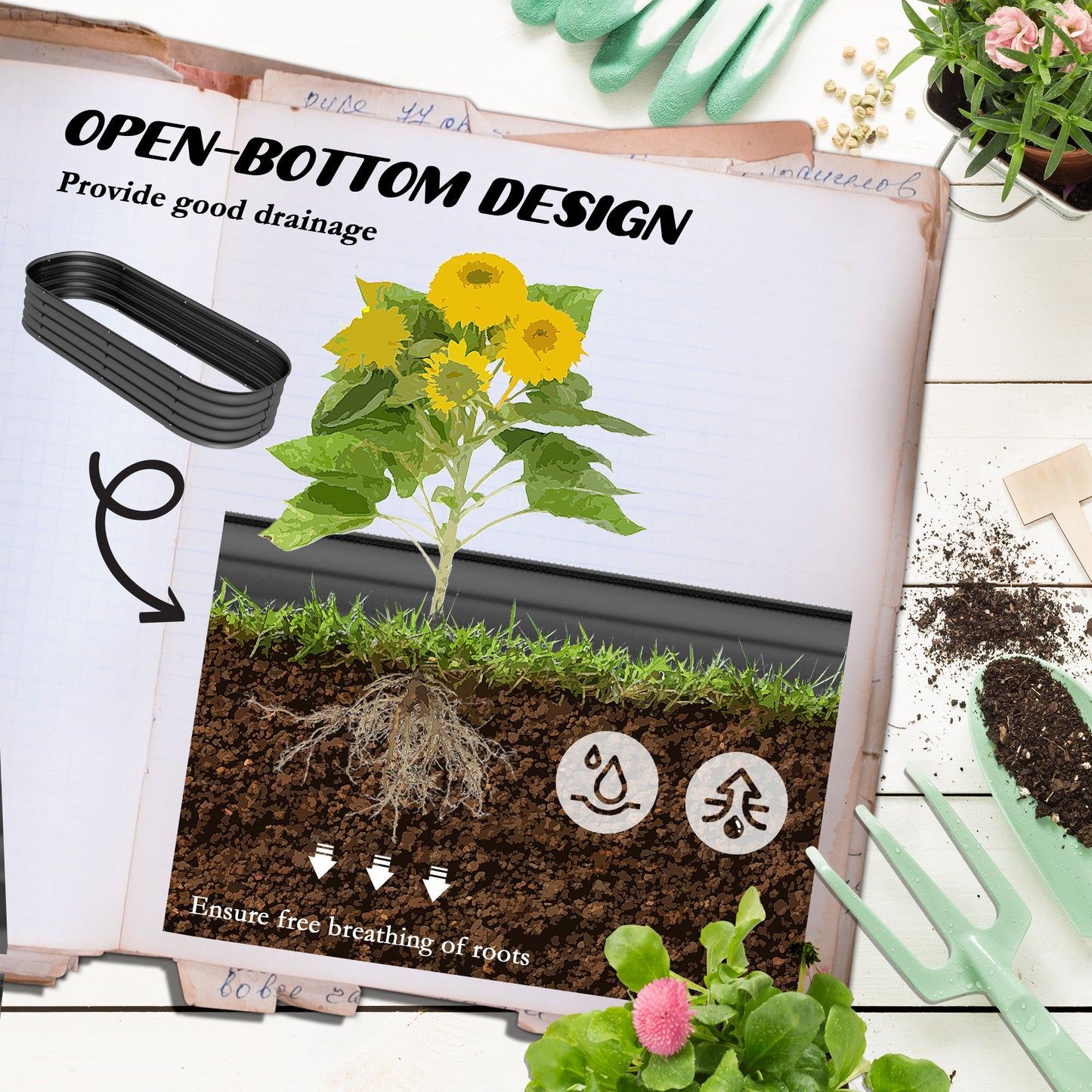 Outsunny Galvanised Raised Garden Bed, Metal Planter Box with Safety Edging, for Flowers, Herbs, Succulents, Pack of 2, Dark Grey
