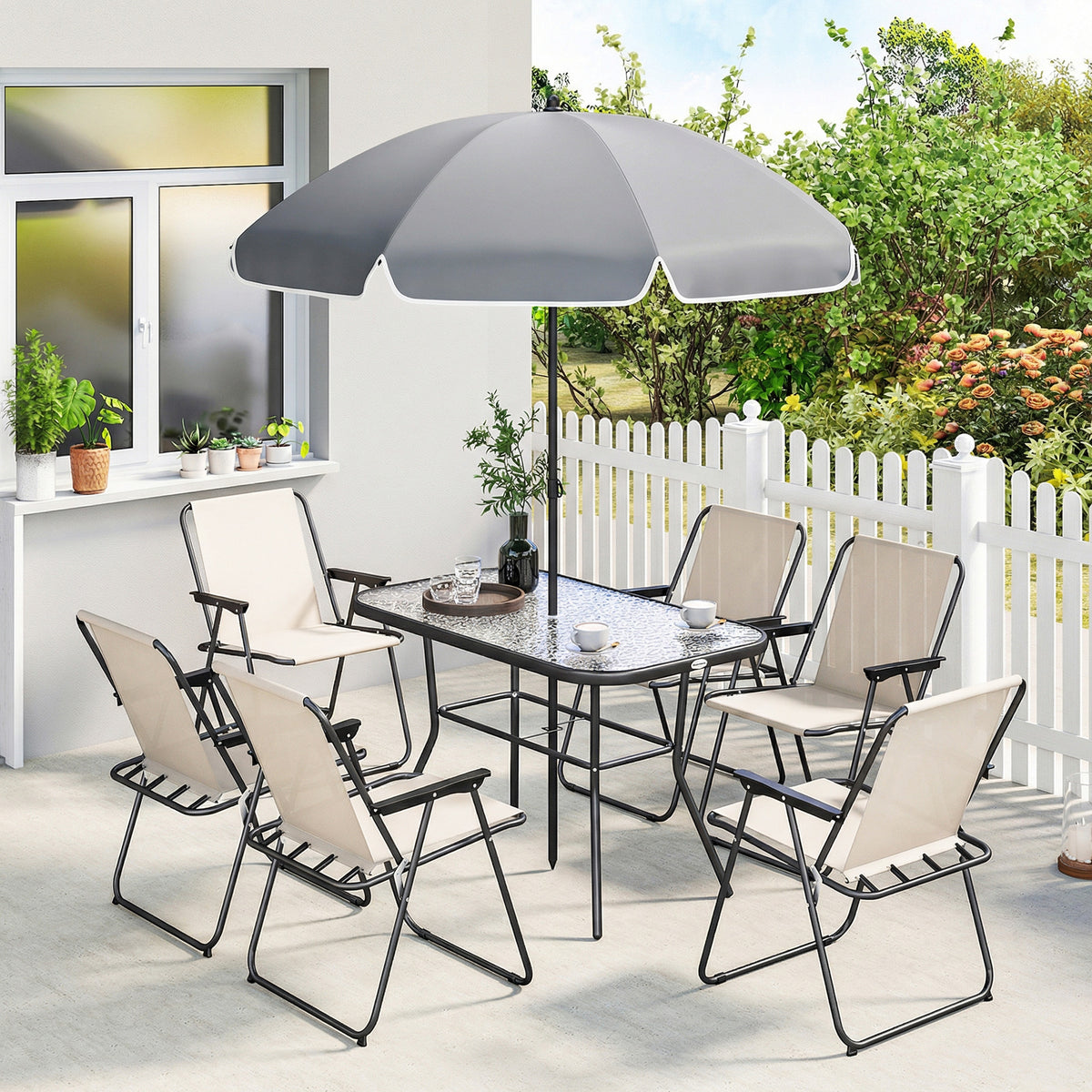 Outsunny 8 Piece Garden Dining Set with Umbrella Garden Furniture Set with 6 Folding Chairs, Tempered Glass Table for Patio Cream