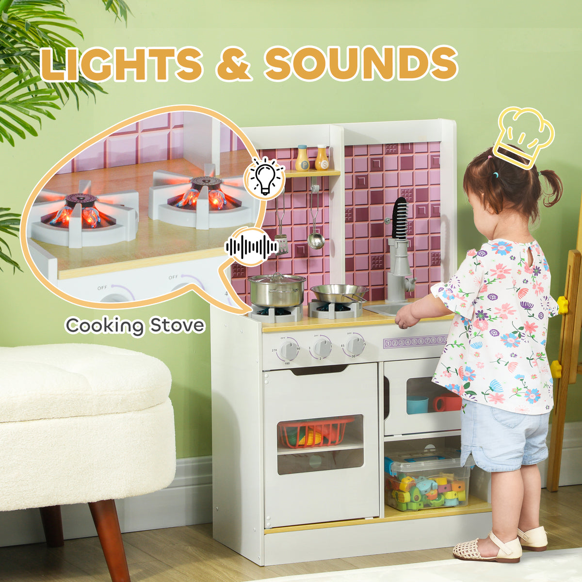 AIYAPLAY play kitchen with glowing stove burners, cookware, sink and oven