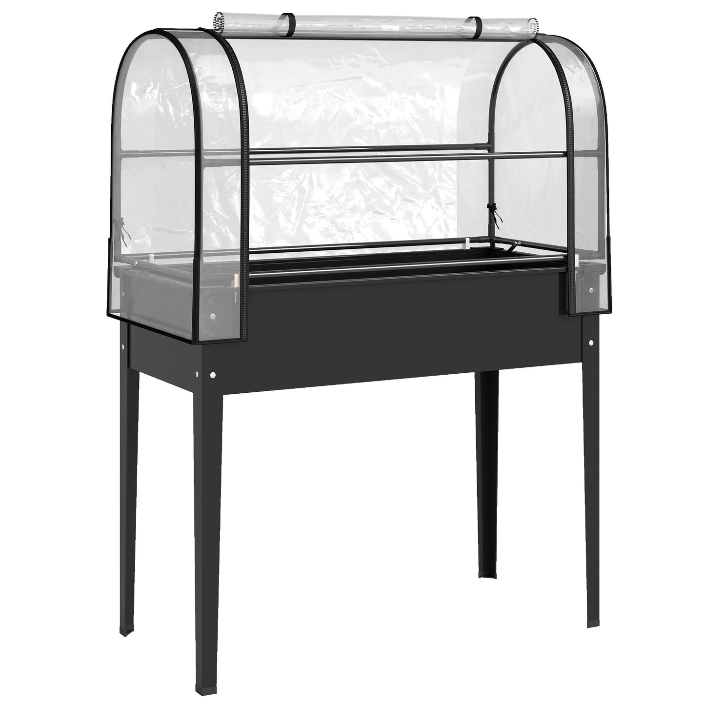 Photo of Outsunny Raised Planter with Flip-Up Greenhouse Cover, Metal Raised Garden Bed on Legs with Drainage Hole, Black in Black colour on a white background