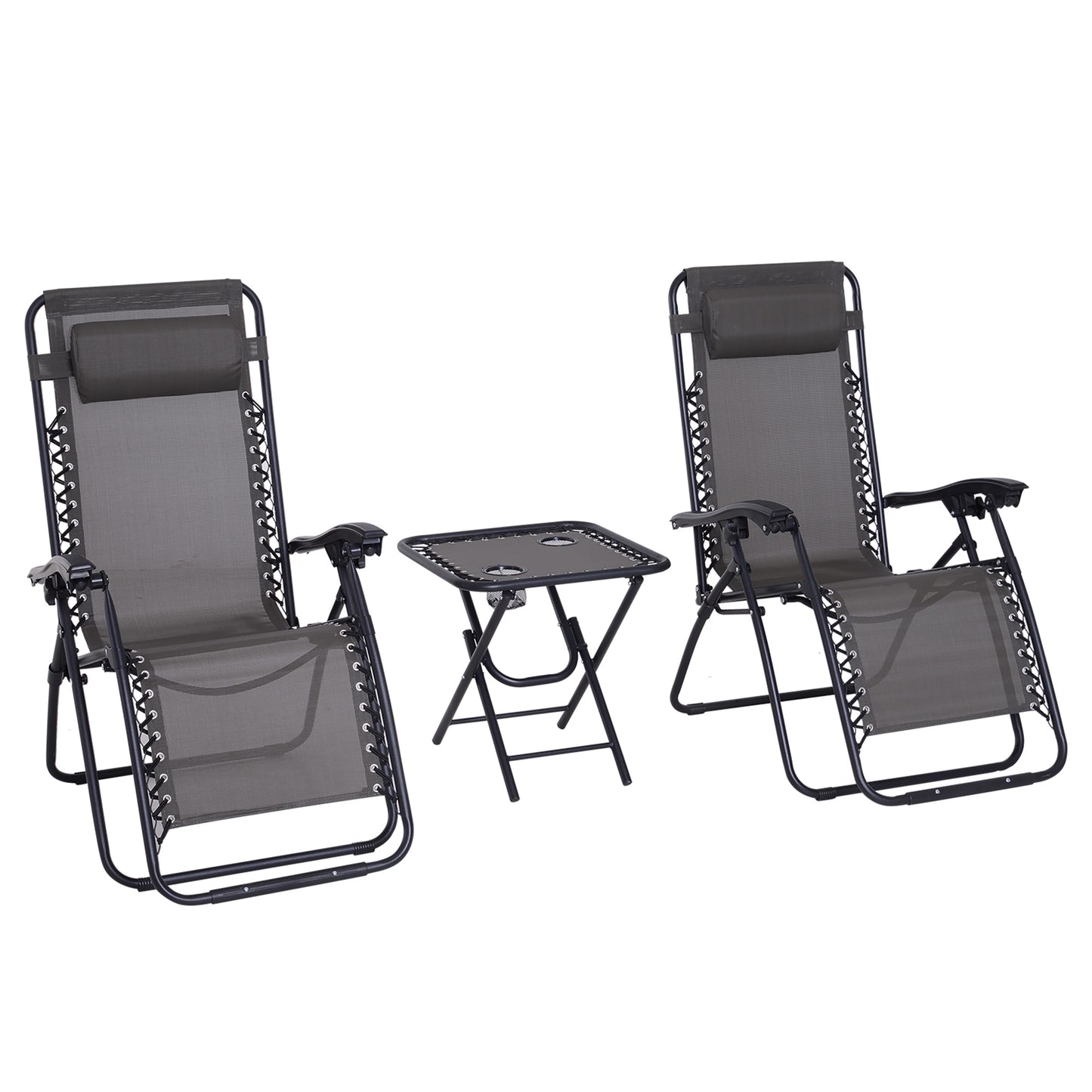 Photo of Outsunny 3pcs Folding Zero Gravity Chairs Sun Lounger Table Set w/ Cup Holders Reclining Garden Yard Pool, Dark Grey in Grey colour on a white background