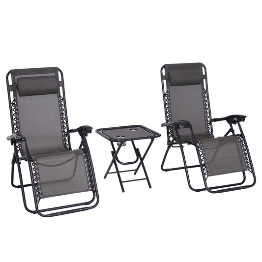 Photo of Outsunny 3pcs Folding Zero Gravity Chairs Sun Lounger Table Set w/ Cup Holders Reclining Garden Yard Pool, Dark Grey in Grey colour on a white background
